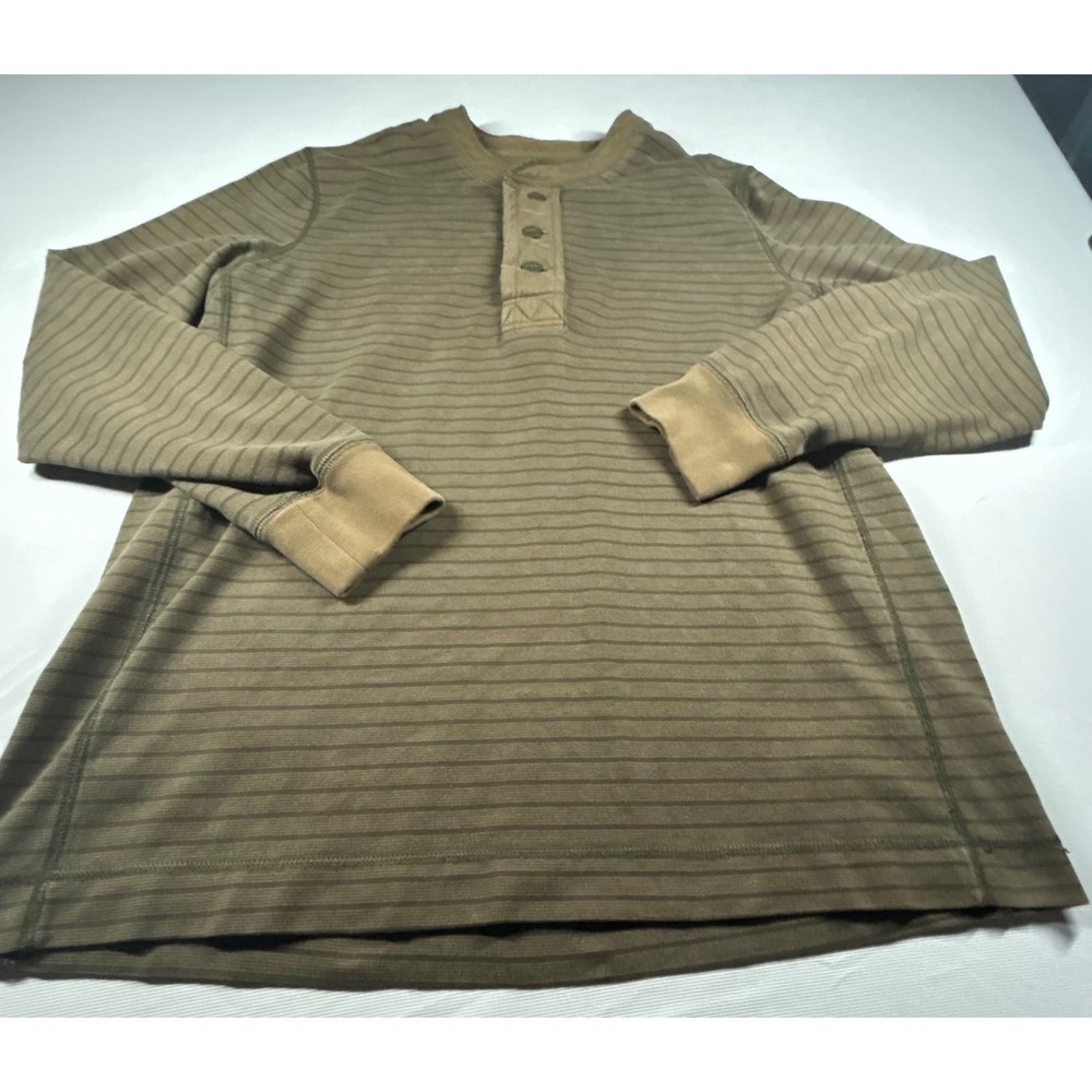 Vintage Eddie Bauer Mens XL Henley Shirt Long Sleeve Striped Olive Green Cotton